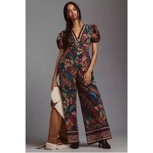 New Farm Rio x Anthropologie Puff-Sleeve Printed Jumpsuit Navy L $248 NWT